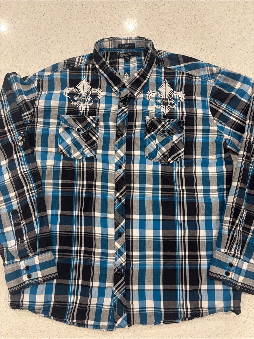 CJ Black by Helix Brand Blue and Black Plaid Button-Down Shirt, Embroidered XXL